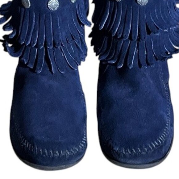 Minnetonka Navy Blue Suede Leather Fringe Ankle Boots Moccasins Size 8.5 - Picture 6 of 10